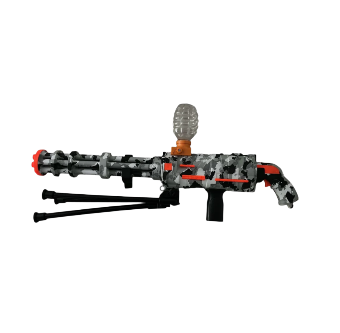 gatling, gel blaster, top loader, orange, black, white, grey, close range, long range, battery charged, grip, different attachments, bipod