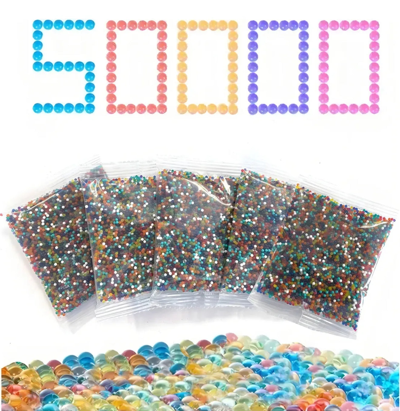 50,000 biodegradable gel beads for 7–8mm gel blasters in assorted colors, compatible with all models