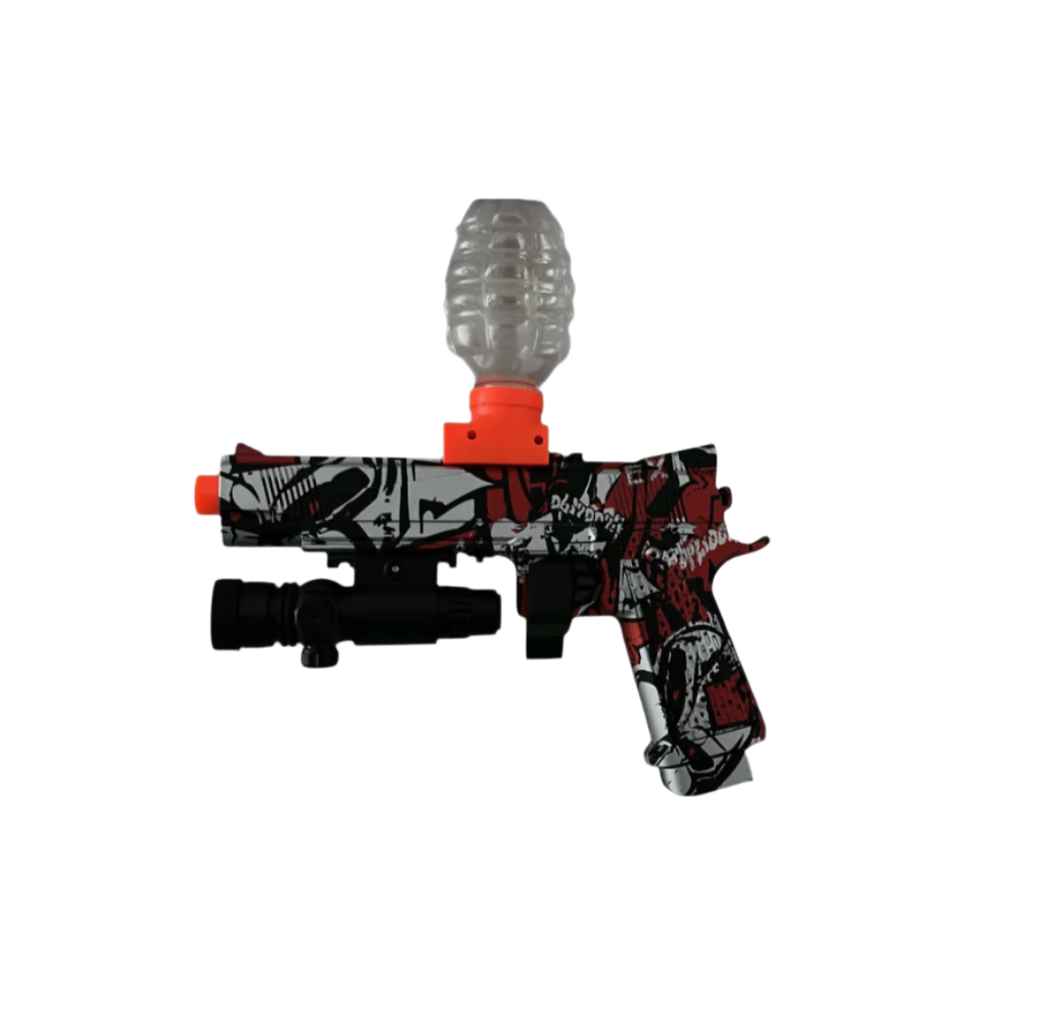 pistol, gel blaster, top loader, red, black, close range, long range, battery charged, laser sight