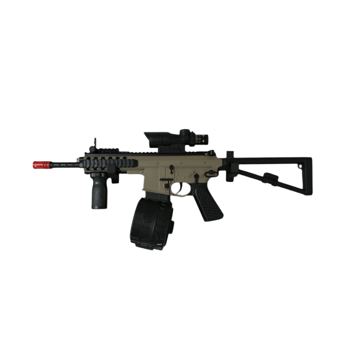 Beige, Black Assault Rifle Gel Blaster with Scope, Grip, Foldable Stock, Red Muzzle, Fully Auto Option, Drum Mag, Regular Mag