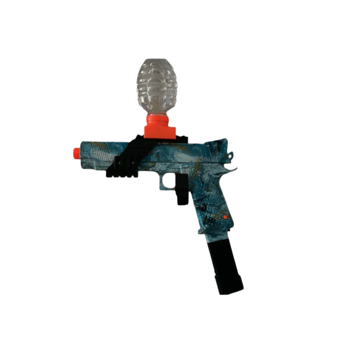 pistol, gel blaster, top loader, blue, close range, long range, battery charged, extended mag