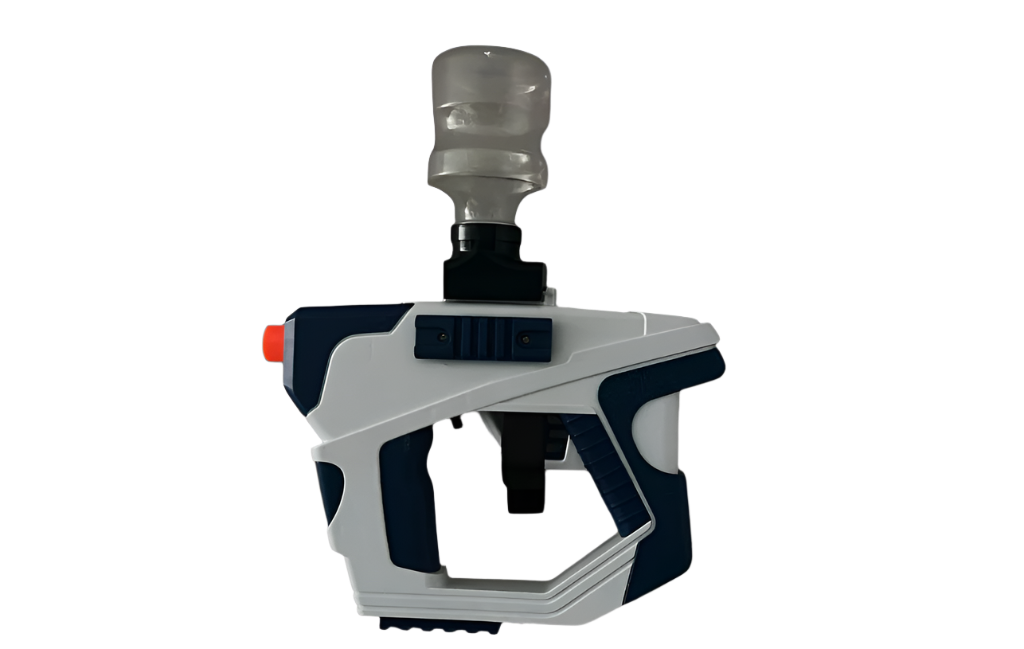 gel blaster, top loader, white, close range, long range, battery charged, compact