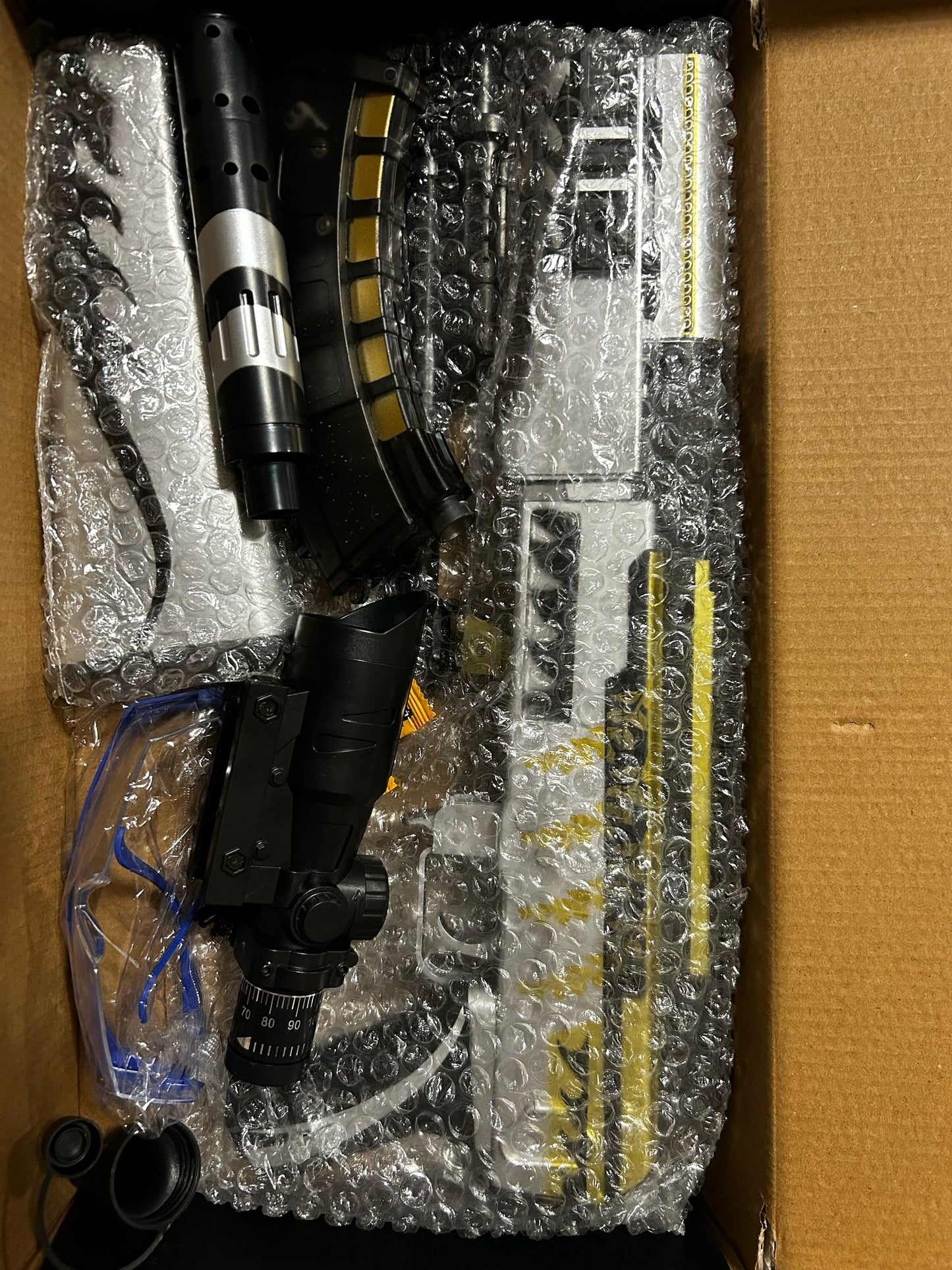 AR, gel blaster, white, black, close range, long range, manual, barrel, stock, different attachments, scope, replica