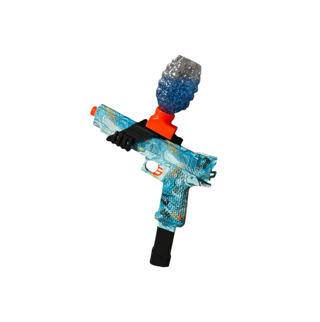 pistol, gel blaster, top loader, blue, close range, long range, battery charged, extended mag