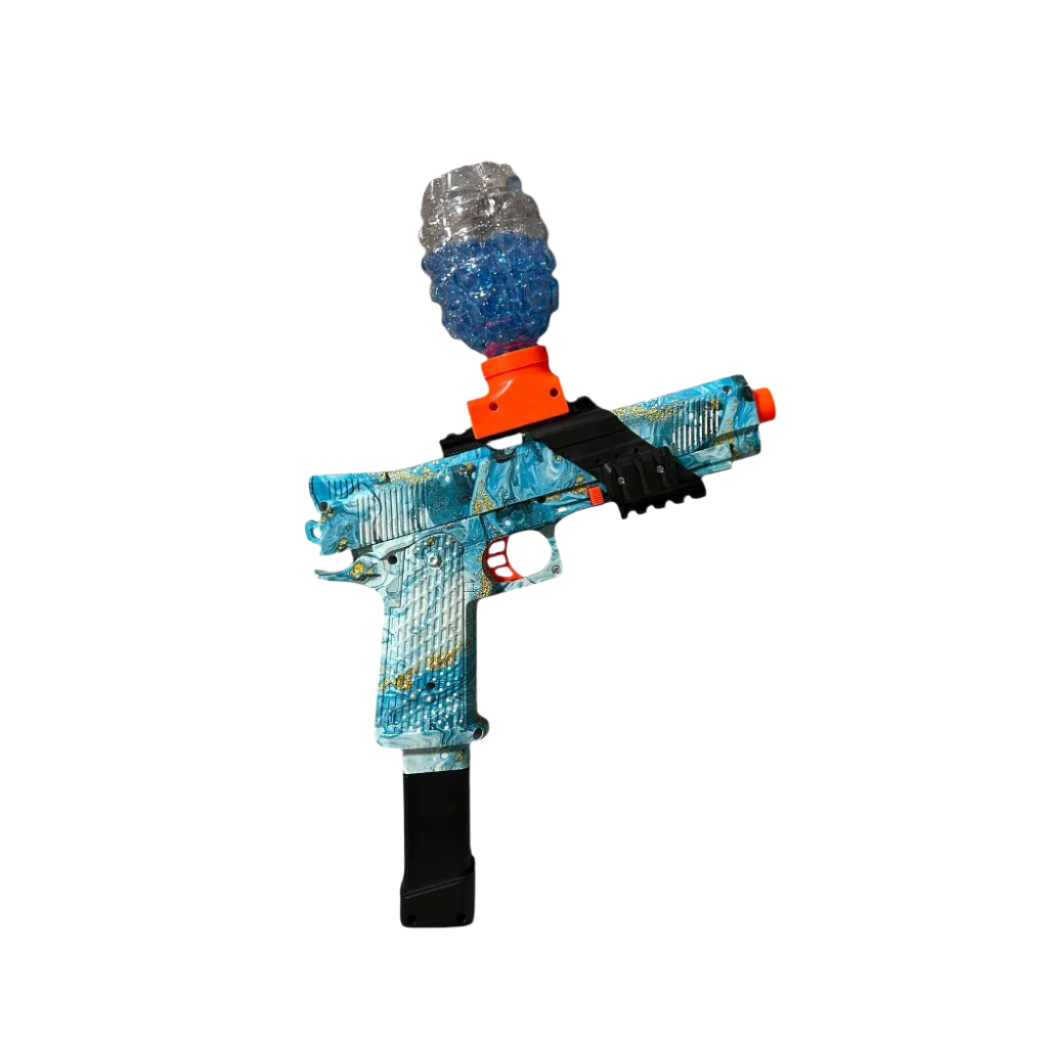 pistol, gel blaster, top loader, blue, close range, long range, battery charged, extended mag