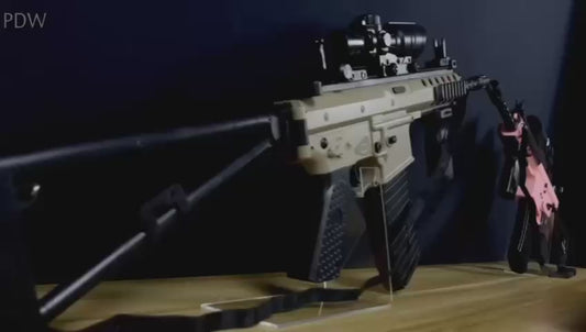 Beige, Black Assault Rifle Gel Blaster with Scope, Grip, Foldable Stock, Red Muzzle, Fully Auto Option, Drum Mag, Regular Mag
